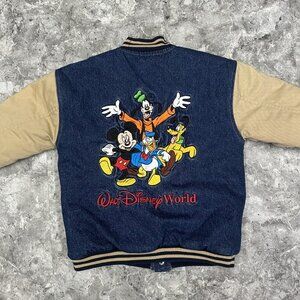Vintage Walt Disney World Mickey Mouse Denim Varsity Bomber Jacket Sz XS